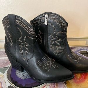 Indigo Black Embroidered Ankle Booties